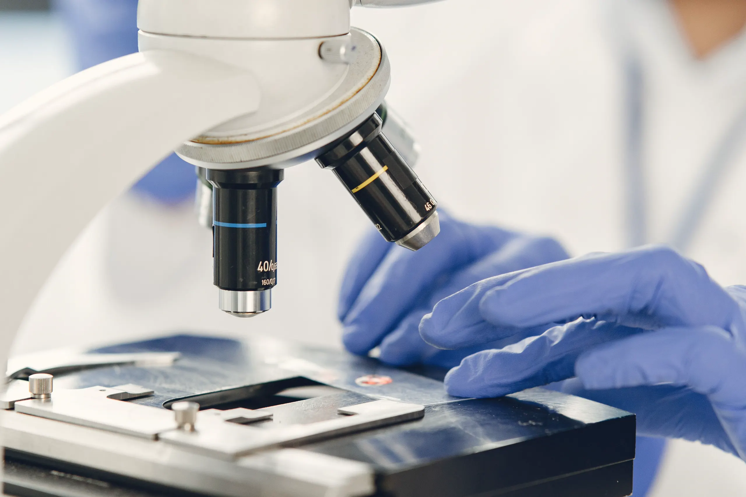 Gloved hands positioning a specimen beneath a microscope